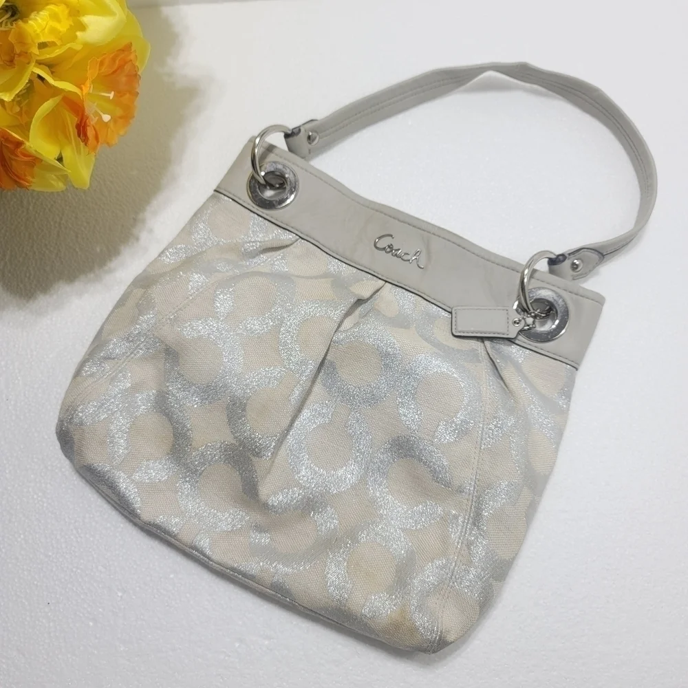 Coach women Signature Handbag Silver and Gray